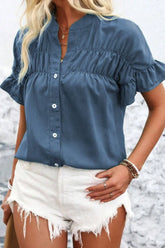 Ruffled Ruched Short Sleeve Button Down Shirt OutfitFlow